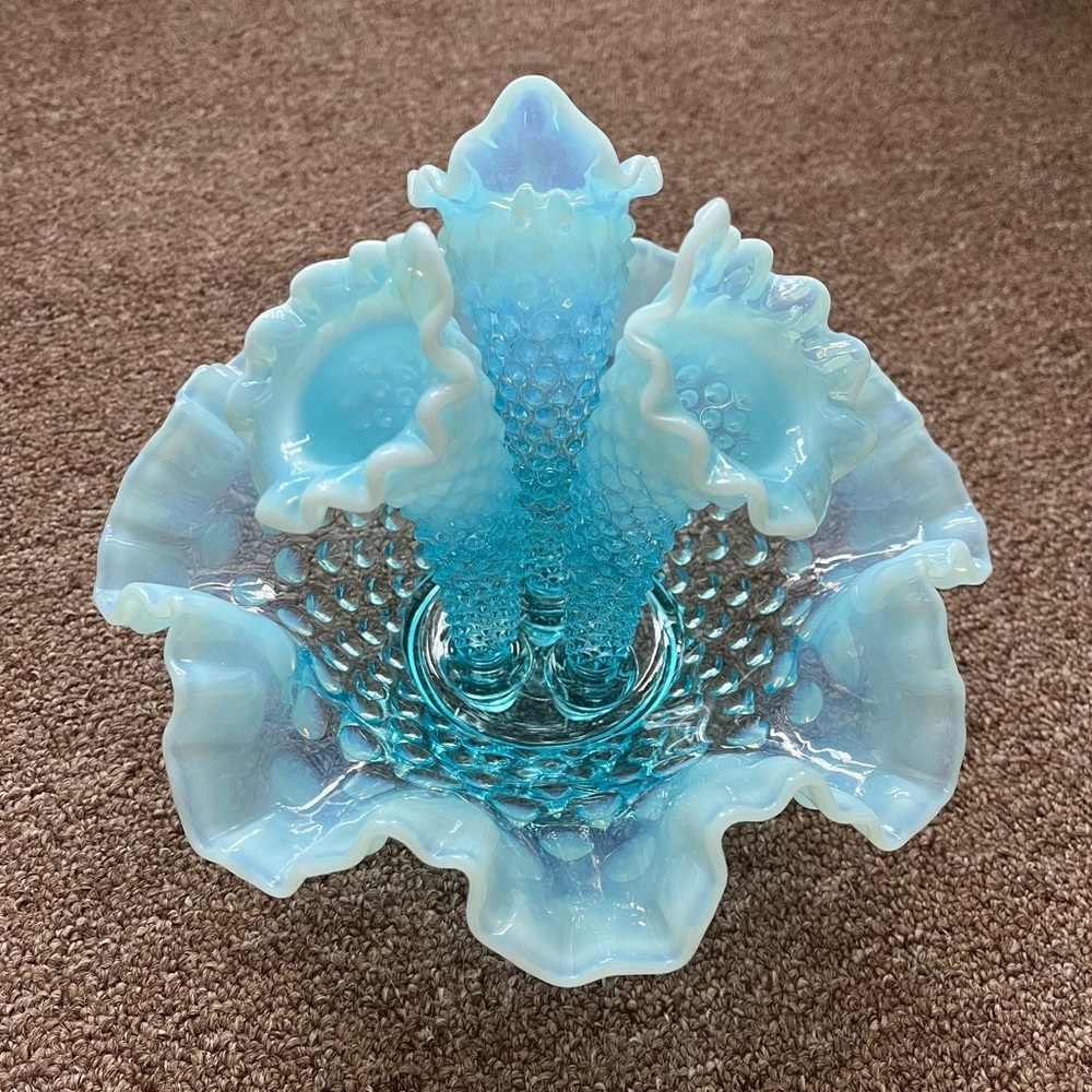 Fenton Blue Opalescent Hobnail Epergne